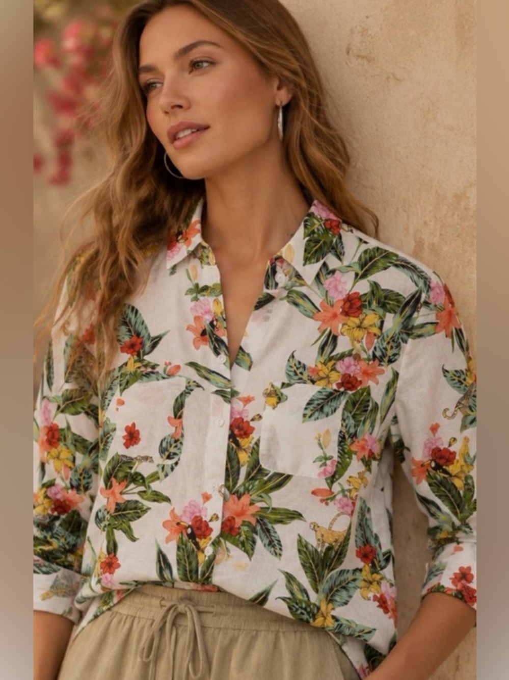 Charter Club Ladies Luxury Linen Floral Jungle Shirt Size XL